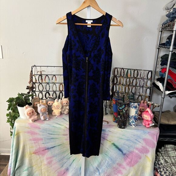 Y2K CACHE small Blue and Black cold shoulder front zip Dress - Picture 6 of 6